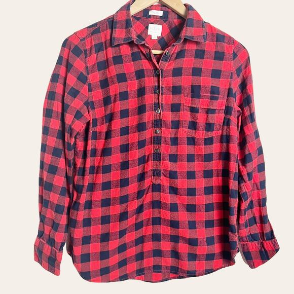 J.Crew Red Black Plaid Flannel Perfect Fit Popover Shirt Size Small Petite - Picture 1 of 7
